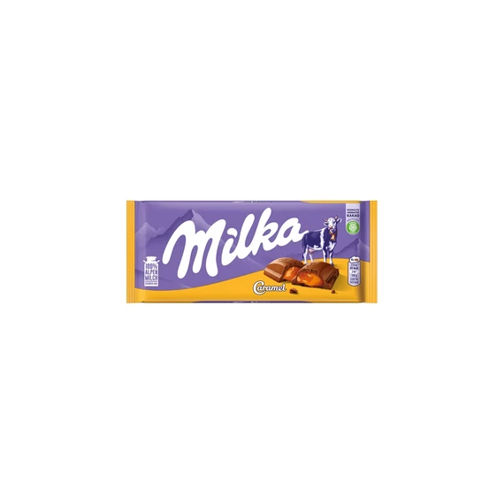 Milka alpesi tej felhasználásával készült tejcsokoládé karamellás töltelékkel 100 g