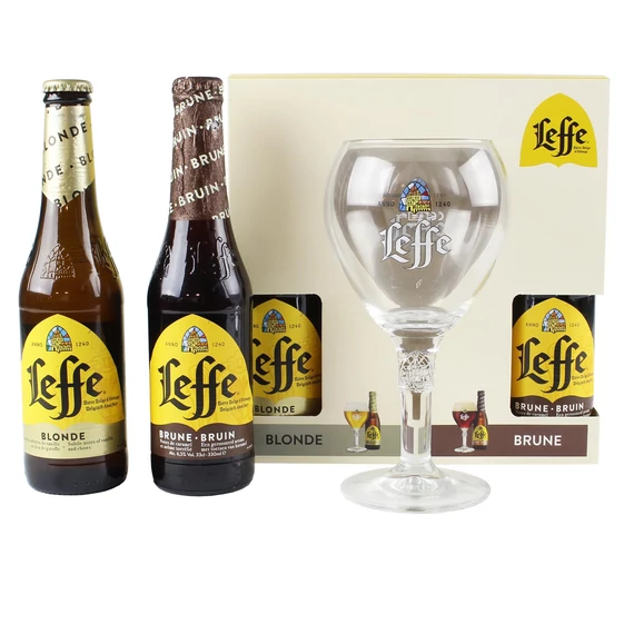 Leffe sörkülönlegesség válogatás díszdobozban Blonde 6,6% Brown 6,5% 4 x 33 cl + 1 üvegkehely