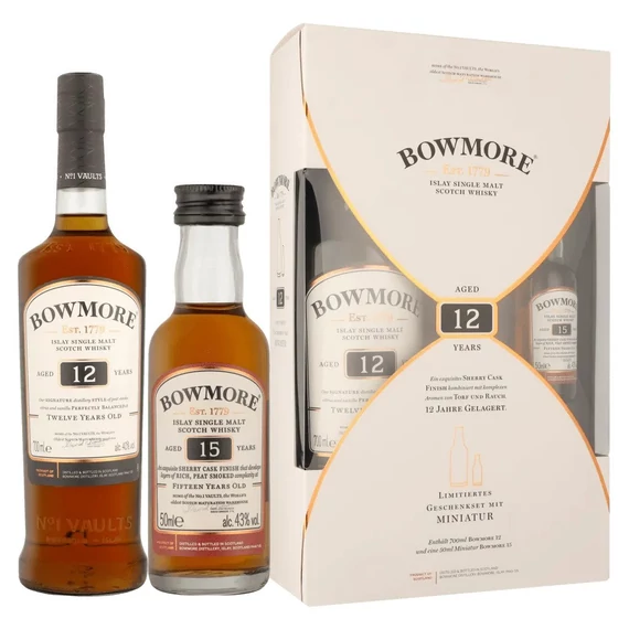 Bowmore whisky Ajándékszett 12 éves + 15 éves 0,7l+0,05l DD