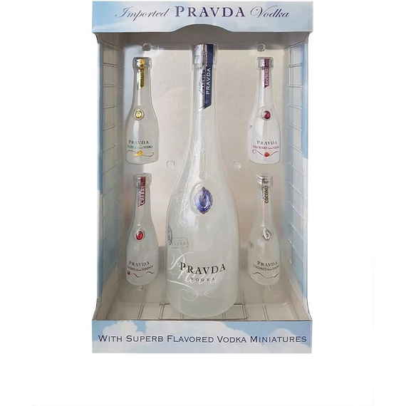 Pravda Gift Set vodka  0,7l+4x0,05l Citron, Coconut, Orange, Raspberry DD